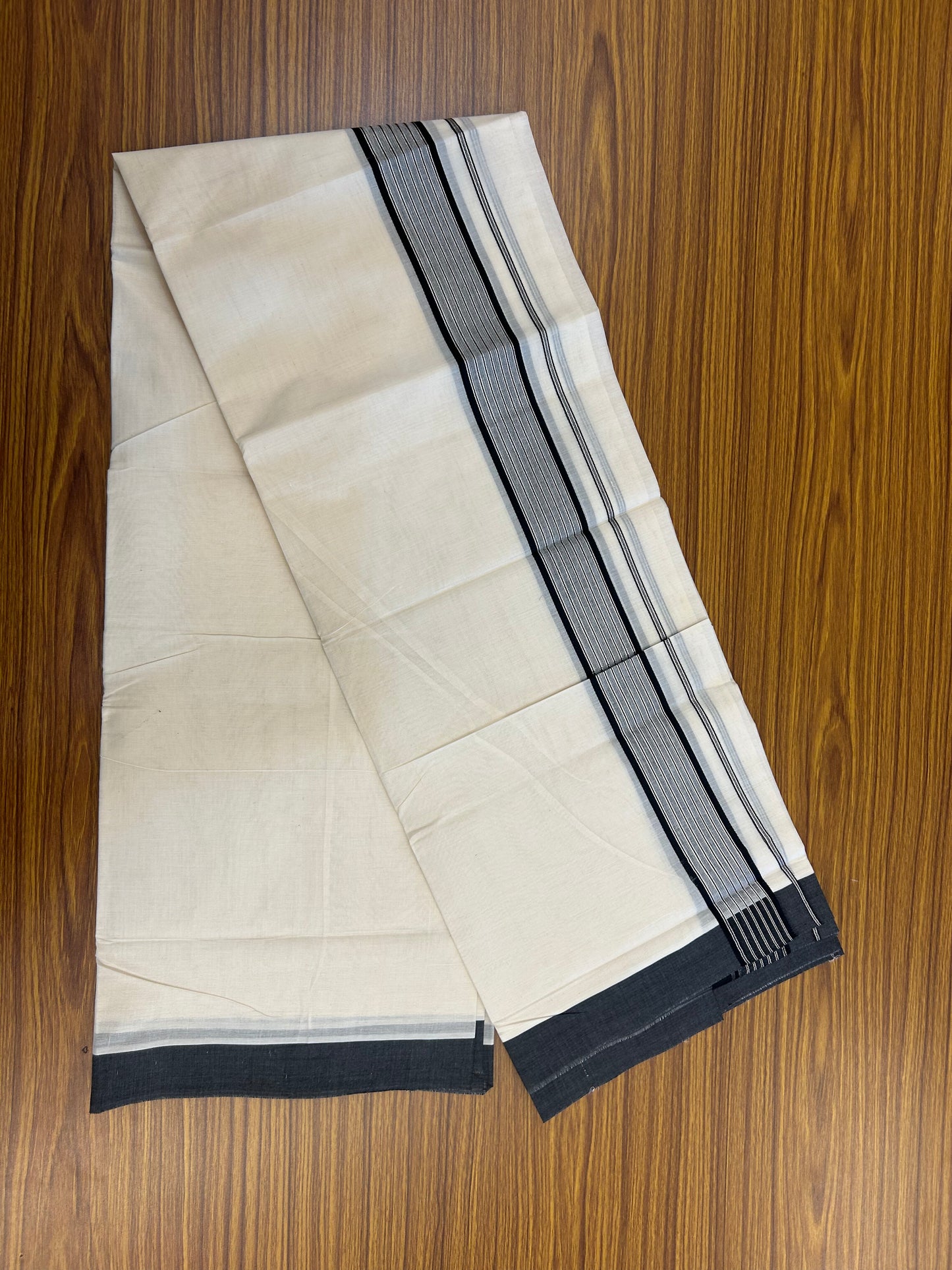 20% Discount! KaithariKada Balaramapuram Pure Cotton Double Off White Mundu/Dhoti - 100x80 - 1.75 Inch Silver Kasav & Black Stripes Kara 4 mtr (8.5 Muzham) -179 KK5361 PMC