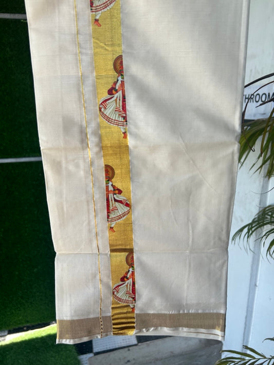 23% Discount!! KaithariKada Balaramapuram Mixed Cotton DOUBLE OFF WHITE - (Ubleached) Mundu/Dhoti - 80x72 - 1.25 inch Kasavu & Kathakali Printed Design Kara - 5KK5171GAN