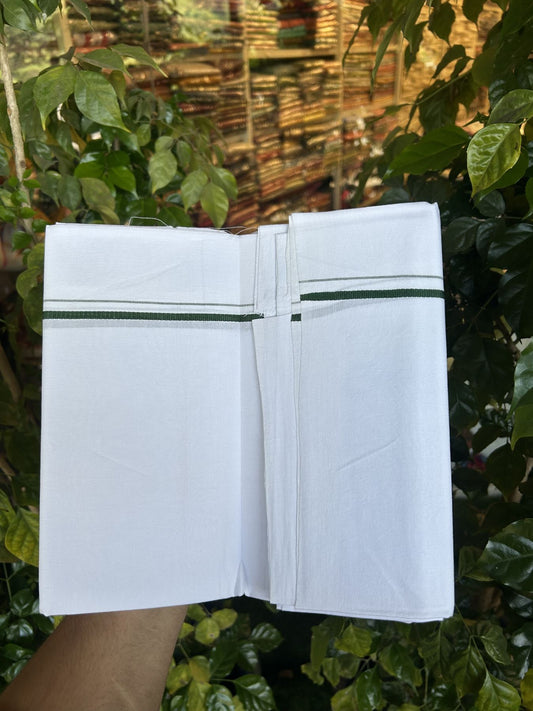 25% Discount ! KaithariKada 100% Cotton Kerala Handloom Single Pure White Mundu/Dhoti - 0.5 cm Green Kara (2 meter / 4 muzham) - 18 KK5336 KAI