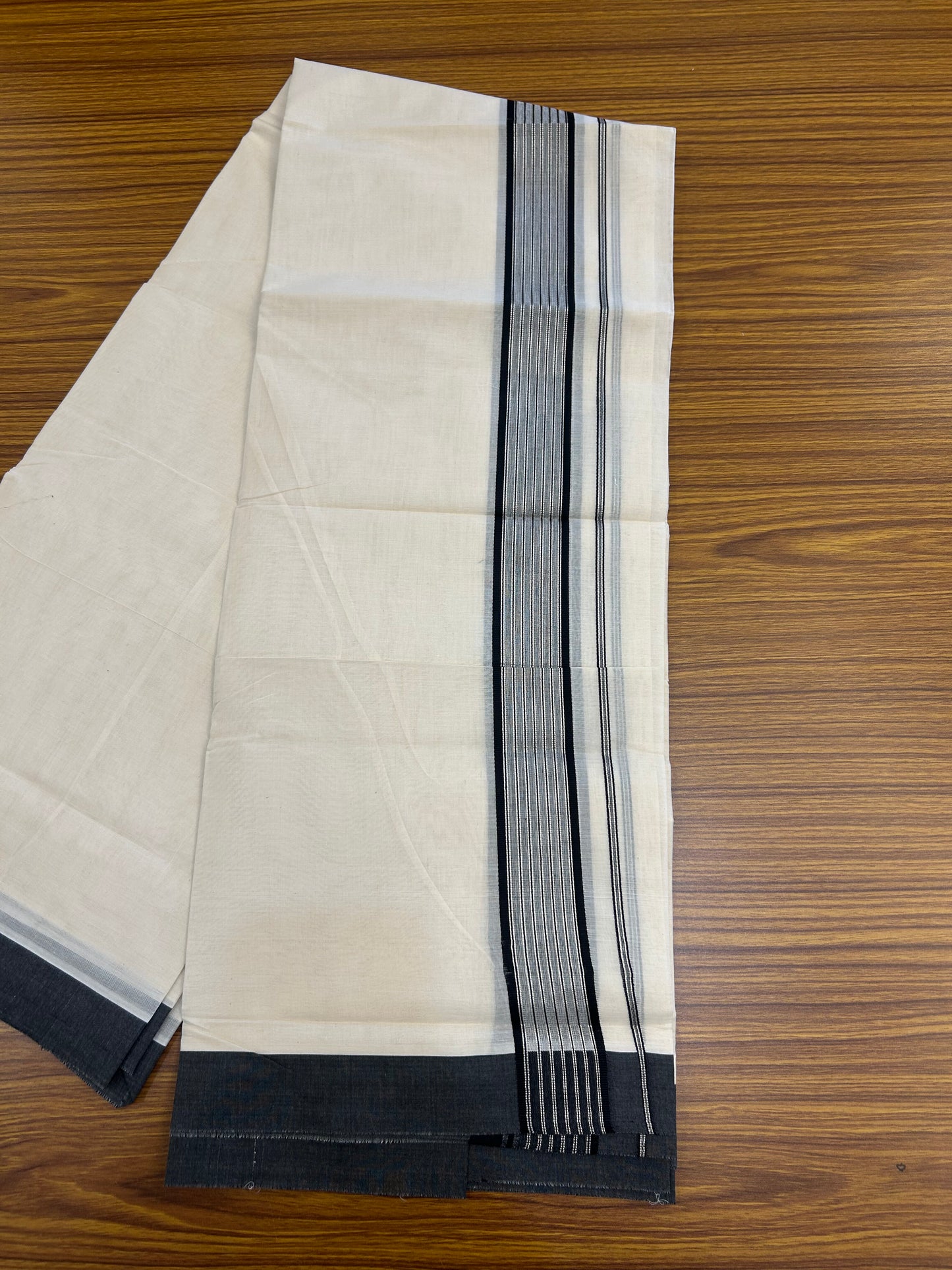 20% Discount! KaithariKada Balaramapuram Pure Cotton Double Off White Mundu/Dhoti - 100x80 - 1.75 Inch Silver Kasav & Black Stripes Kara 4 mtr (8.5 Muzham) -179 KK5361 PMC