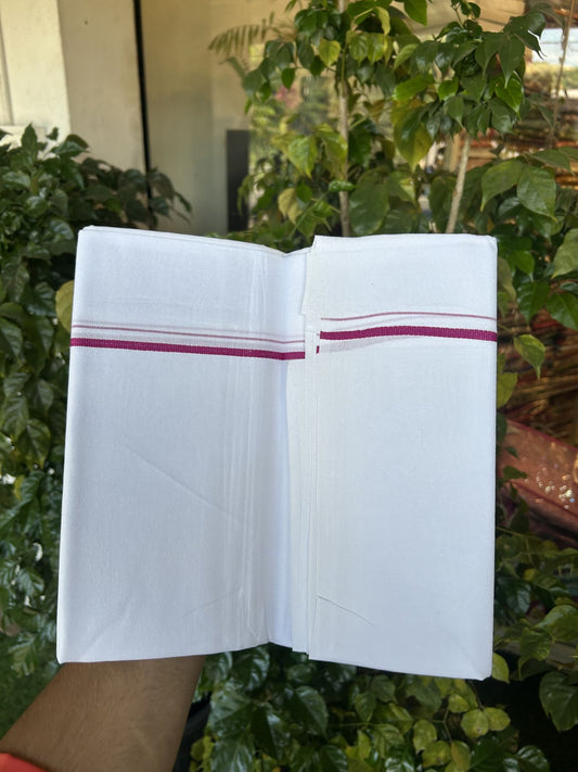 25% Discount ! KaithariKada 100% Cotton Kerala Handloom Single Pure White  Mundu/Dhoti - 0.5 cm Magenta Kara (2 meter / 4 muzham) - 17 KK5336 KAI