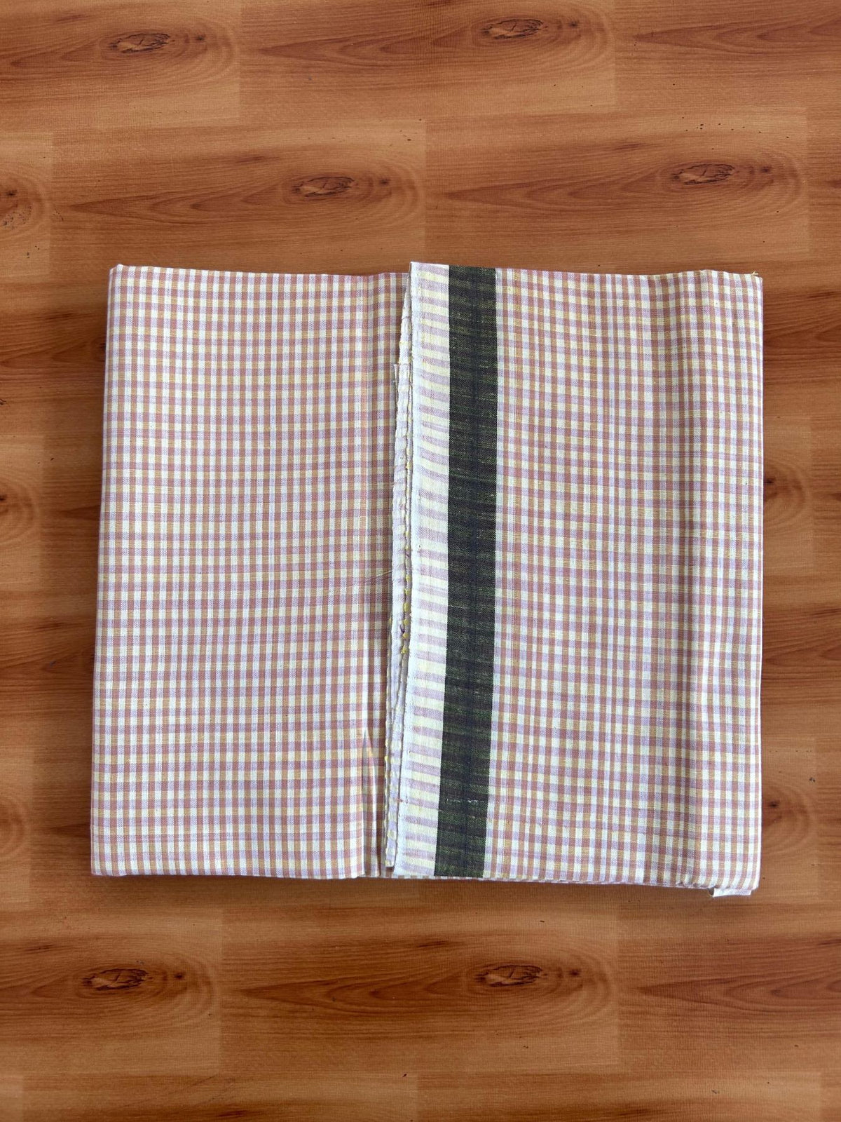 Kerala Handloom - Signature Kaitharikada - 100% Pure Cotton - 2/60X40s Twisted Thread - Handloom Single Mundu/Dhoti - Peach Brown & Light Yellow Check Body  - 2 mtr - 34 KK8080 KAL