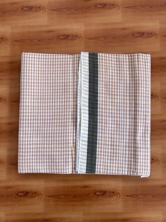 Kerala Handloom - Signature Kaitharikada - 100% Pure Cotton - 2/60X40s Twisted Thread - Handloom Single Mundu/Dhoti - Peach Brown & Light Yellow Check Body  - 2 mtr - 34 KK8080 KAL