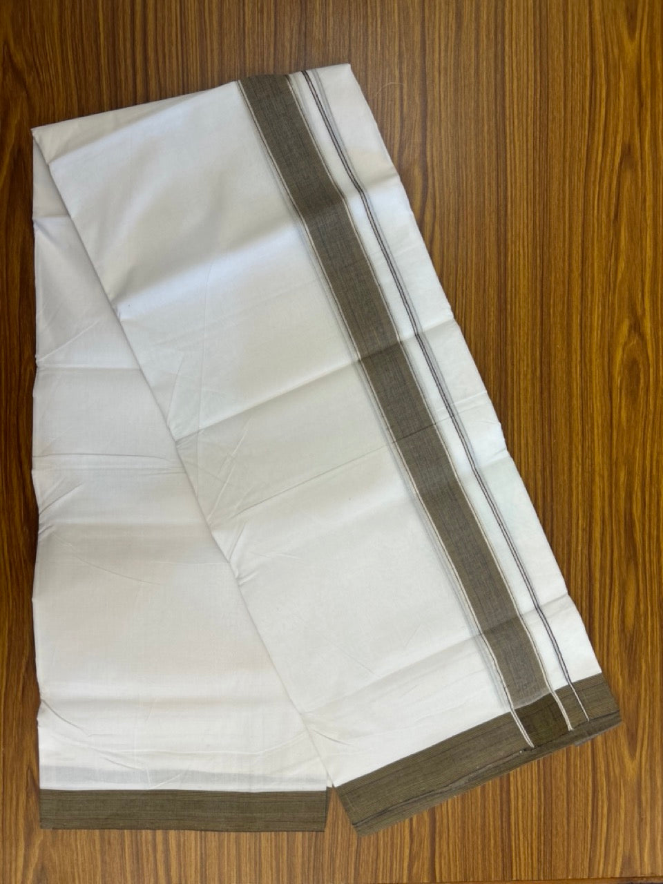 KaithariKada Handloom Millpaav Balaramapuram - 100% Pure Cotton Double Mundu/Dhoti Pure white - 80x90 - 1.5 inch Silver Kasav Navy Blue & Light Brown Striped Kara 4 mtr (8.5 Muzham) - 27 KK5263 YAR