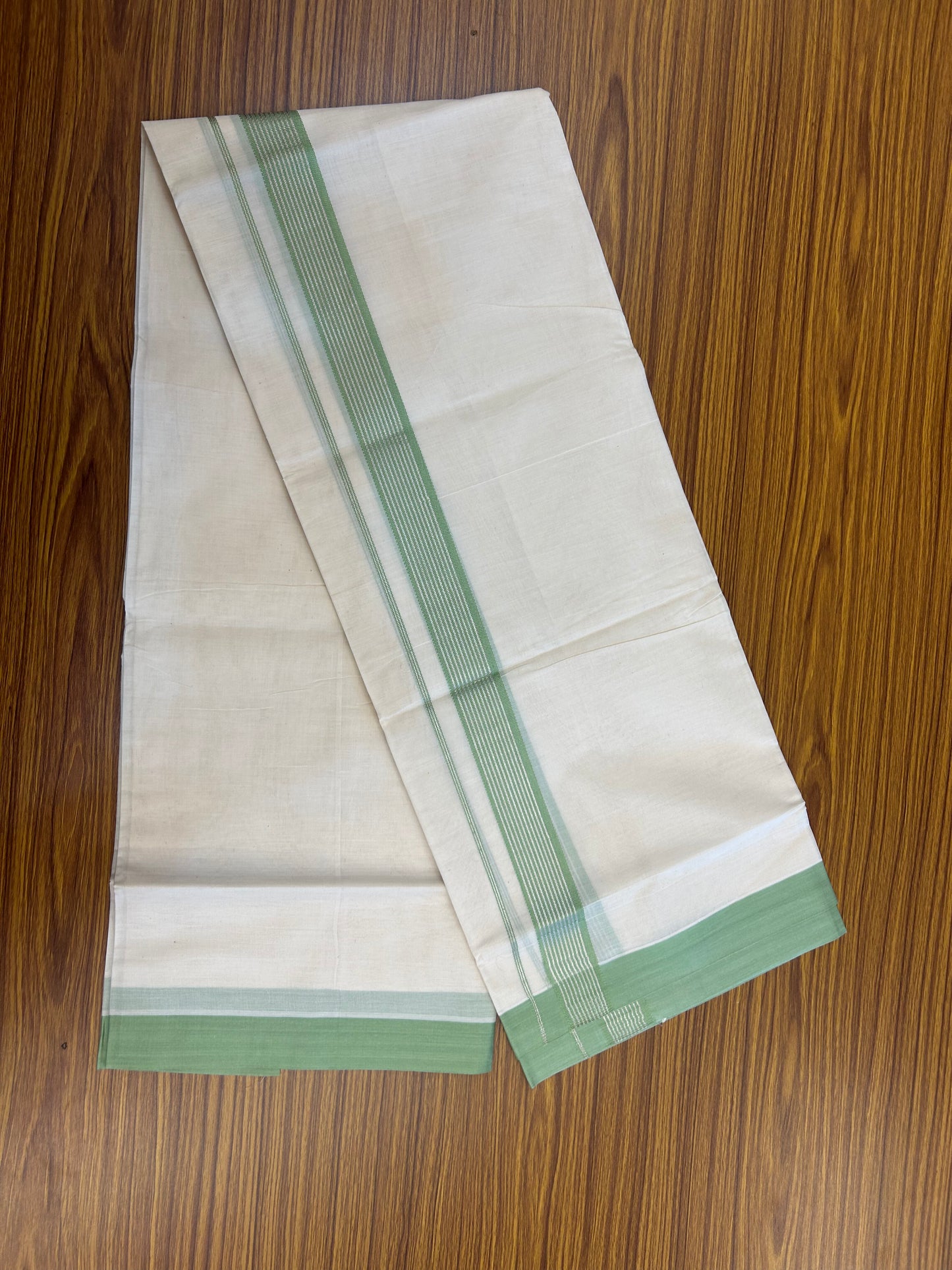 20% Discount !! KaithariKada Balaramapuram Double Off White (Unbleached) Mundu/Dhoti - 100x80 - 1.5 inch Pista Green & Silver Striped kara 4 mtr (8.5 muzham) - 174 KK5361 PMC