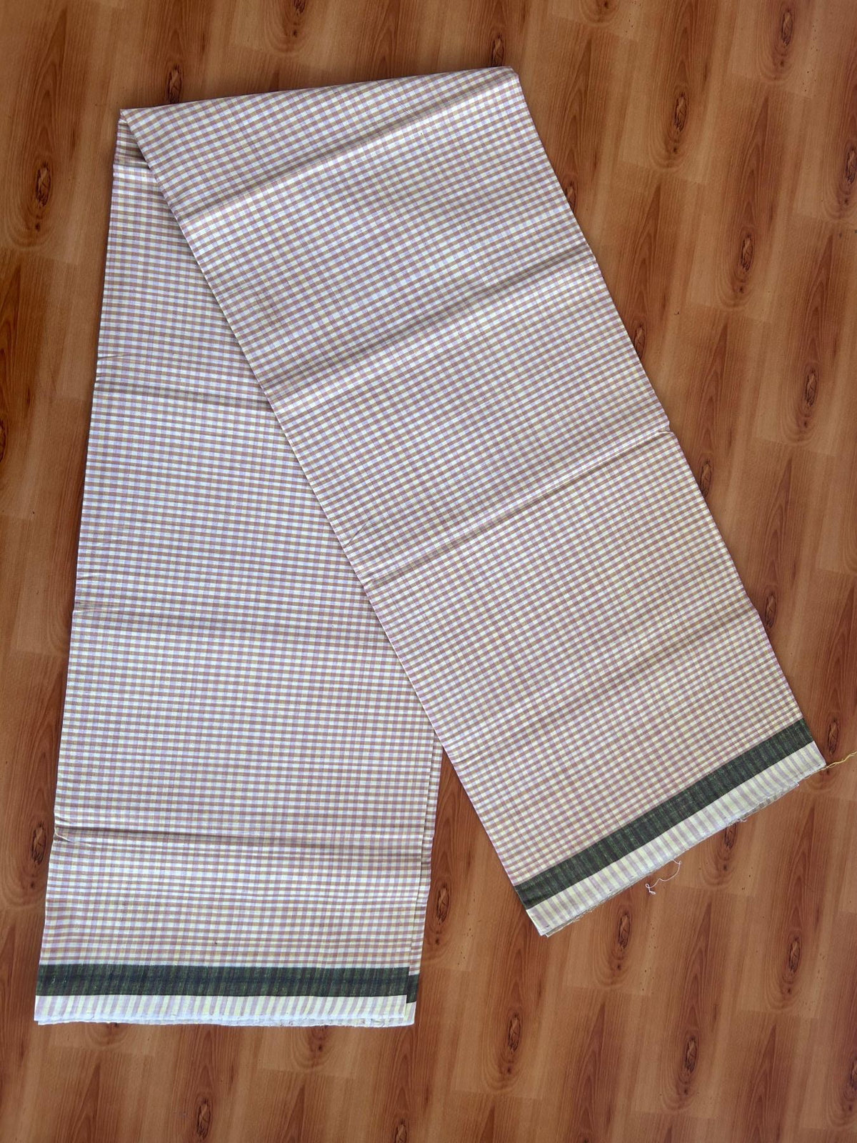 Kerala Handloom - Signature Kaitharikada - 100% Pure Cotton - 2/60X40s Twisted Thread - Handloom Single Mundu/Dhoti - Peach Brown & Light Yellow Check Body  - 2 mtr - 34 KK8080 KAL