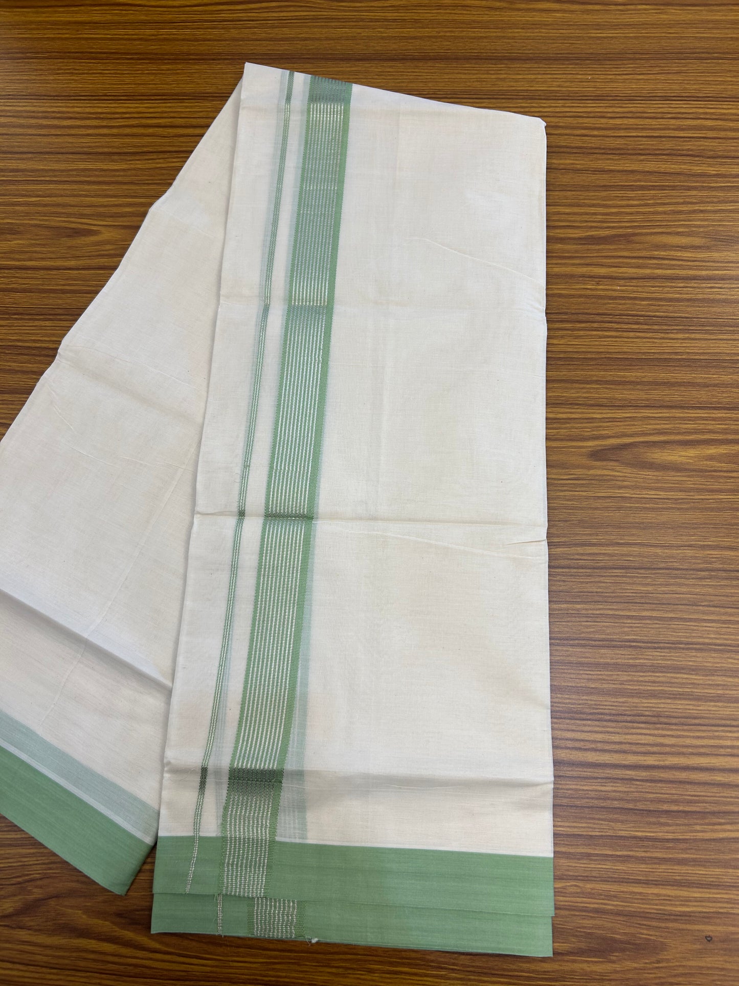 20% Discount !! KaithariKada Balaramapuram Double Off White (Unbleached) Mundu/Dhoti - 100x80 - 1.5 inch Pista Green & Silver Striped kara 4 mtr (8.5 muzham) - 174 KK5361 PMC