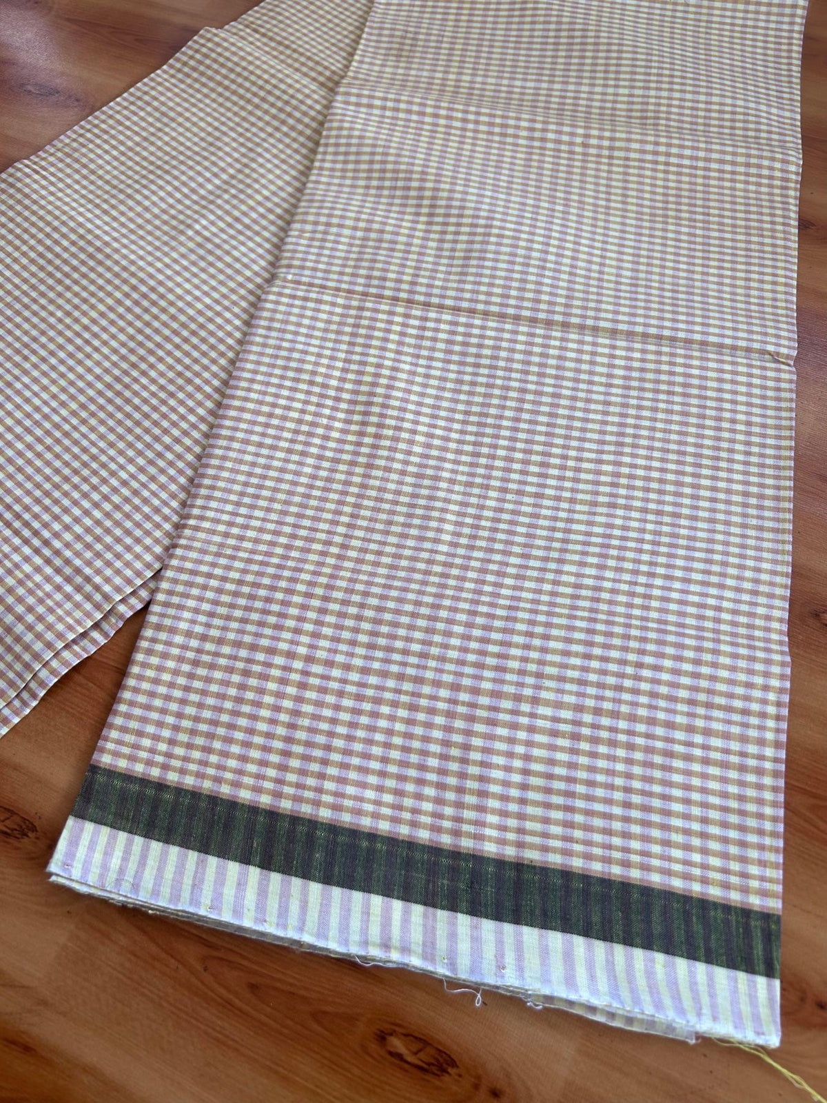 Kerala Handloom - Signature Kaitharikada - 100% Pure Cotton - 2/60X40s Twisted Thread - Handloom Single Mundu/Dhoti - Peach Brown & Light Yellow Check Body  - 2 mtr - 34 KK8080 KAL