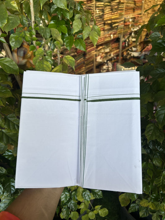 20% Discount !! KaithariKada Wrinkle Free Mercerised Cotton Pure White Single Mundu/Dhoti- (40s) - 0.25 cm Green Kara (2 meter / 4 muzham) - 25 KK5336 UAT