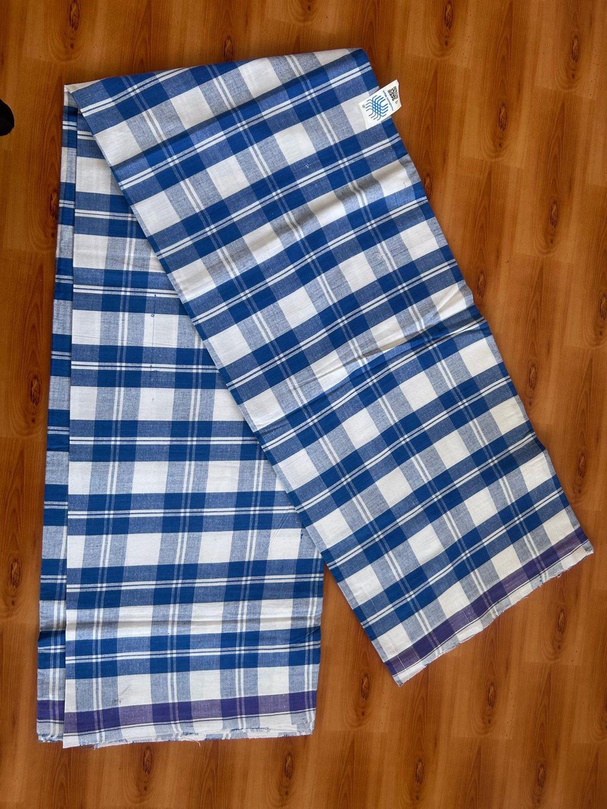Kerala Handloom - Signature Kaitharikada - 100% Pure Cotton - 2/60sX40s Twisted Thread - Handloom Single Mundu/Dhoti - Blue & White Check Body  - 2 mtr - 36 KK8080 KAL