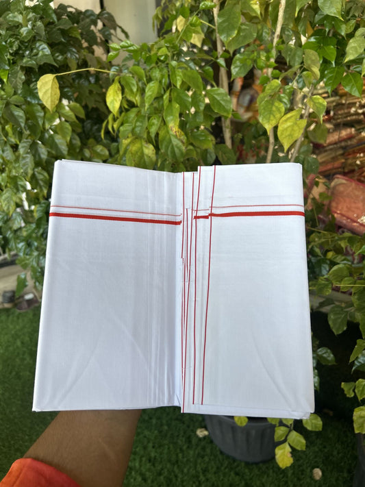 20% Discount !! KaithariKada Wrinkle Free Mercerised Cotton Pure White Single Mundu/Dhoti- (40s) - 0.25 cm Red Kara (2 meter / 4 muzham) - 19 KK5336 UAT