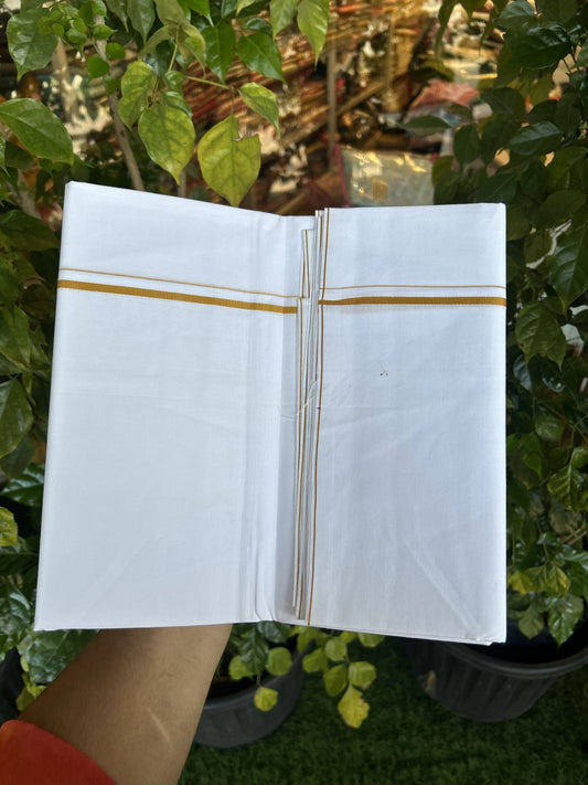 20% Discount !! KaithariKada Wrinkle Free Mercerised Cotton Pure White Single Mundu/Dhoti- (40s) - 0.25 cm Mustard Yellow Kara (2 meter / 4 muzham) - 20 KK5336 UAT