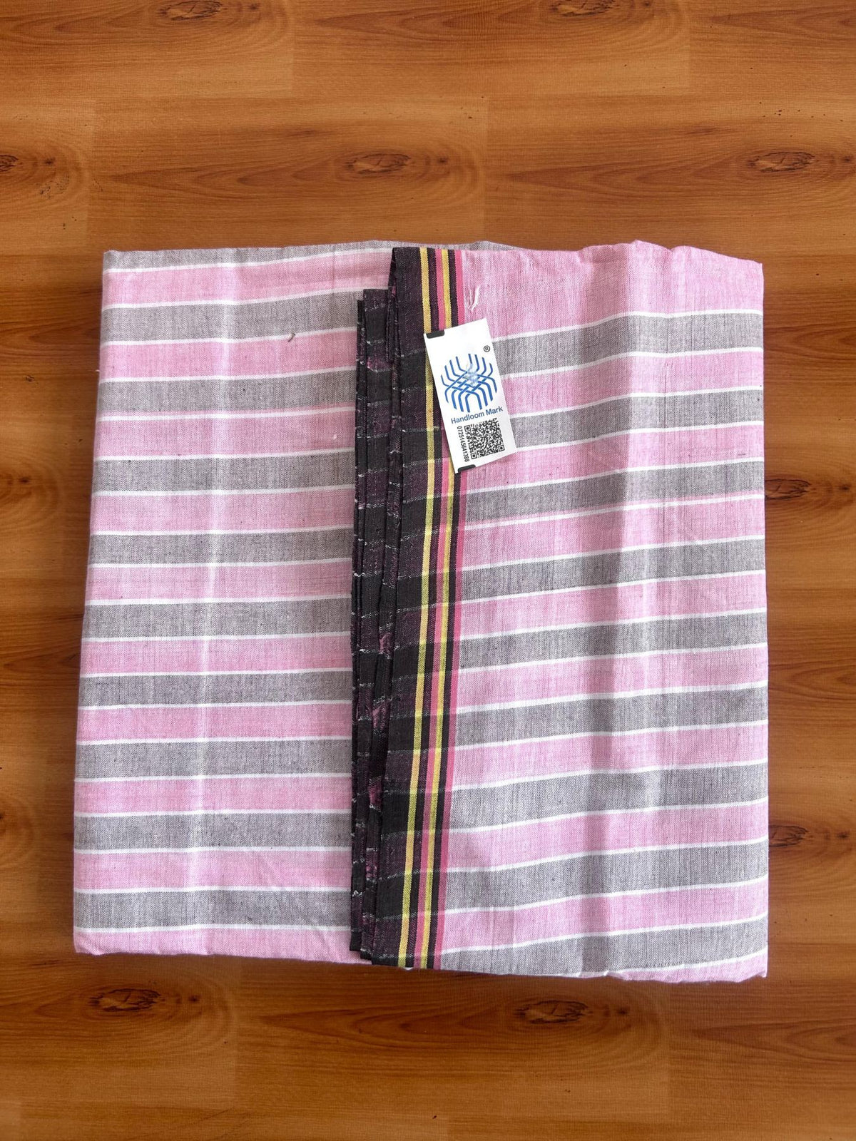 Kerala Handloom - Signature Kaitharikada - 100% Pure Cotton - 2/60sX40s Twisted Thread - Handloom Single Mundu/Dhoti - Pink & Brown Striped Body  - 2 mtr - 37 KK8080 KAL