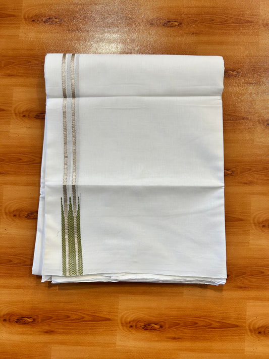 Double Pure White Mundu/ Dhoti - 20% Discount ! Kaitharikada Balaramapuram 100% Cotton 100x80 - 1 inch Silver Kasav & Light Olive Green Puliyilakkara Chutty Kara 3.90 mtr (8 muzham) - 14 KK5446 VAS