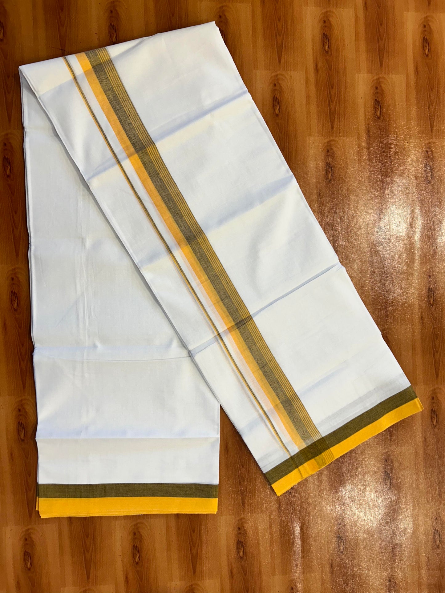 Double Pure White Mundu/Dhoti - 20% Discount ! Kaitharikada Balaramapuram 100% Cotton 100x80 - 1.5 Inch Orange Yellow & Navy Blue Shaded Striped Kara 3.90 mtr (8 muzham) - 1 KK5446 VAS