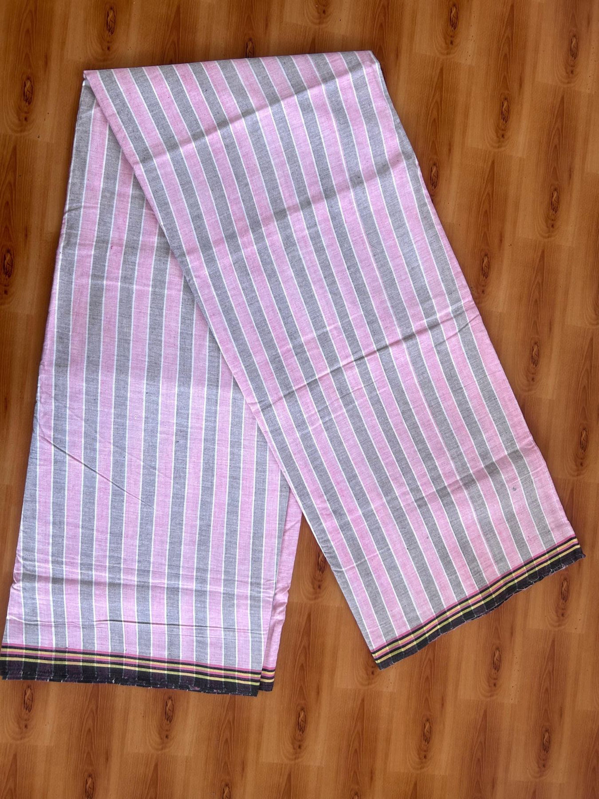 Kerala Handloom - Signature Kaitharikada - 100% Pure Cotton - 2/60sX40s Twisted Thread - Handloom Single Mundu/Dhoti - Pink & Brown Striped Body  - 2 mtr - 37 KK8080 KAL
