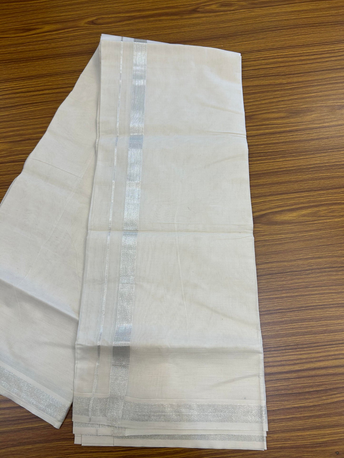 20% Discount! KaithariKada Balaramapuram Pure Cotton Double Off White Mundu/Dhoti - 100x80 - 1 Inch Silver Kasav Kara 4 mtr (8.5 Muzham) - 171 KK5361 PMC