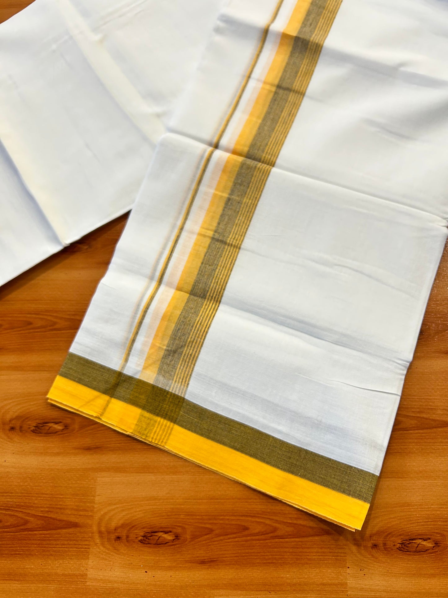 Double Pure White Mundu/Dhoti - 20% Discount ! Kaitharikada Balaramapuram 100% Cotton 100x80 - 1.5 Inch Orange Yellow & Navy Blue Shaded Striped Kara 3.90 mtr (8 muzham) - 1 KK5446 VAS