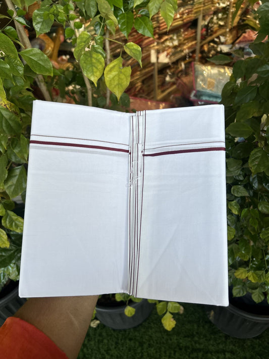 20% Discount !! KaithariKada Wrinkle Free Mercerised Cotton Pure White Single Mundu/Dhoti- (40s) - 0.25 cm Dark Maroon Kara (2 meter / 4 muzham) - 27 KK5336 UAT