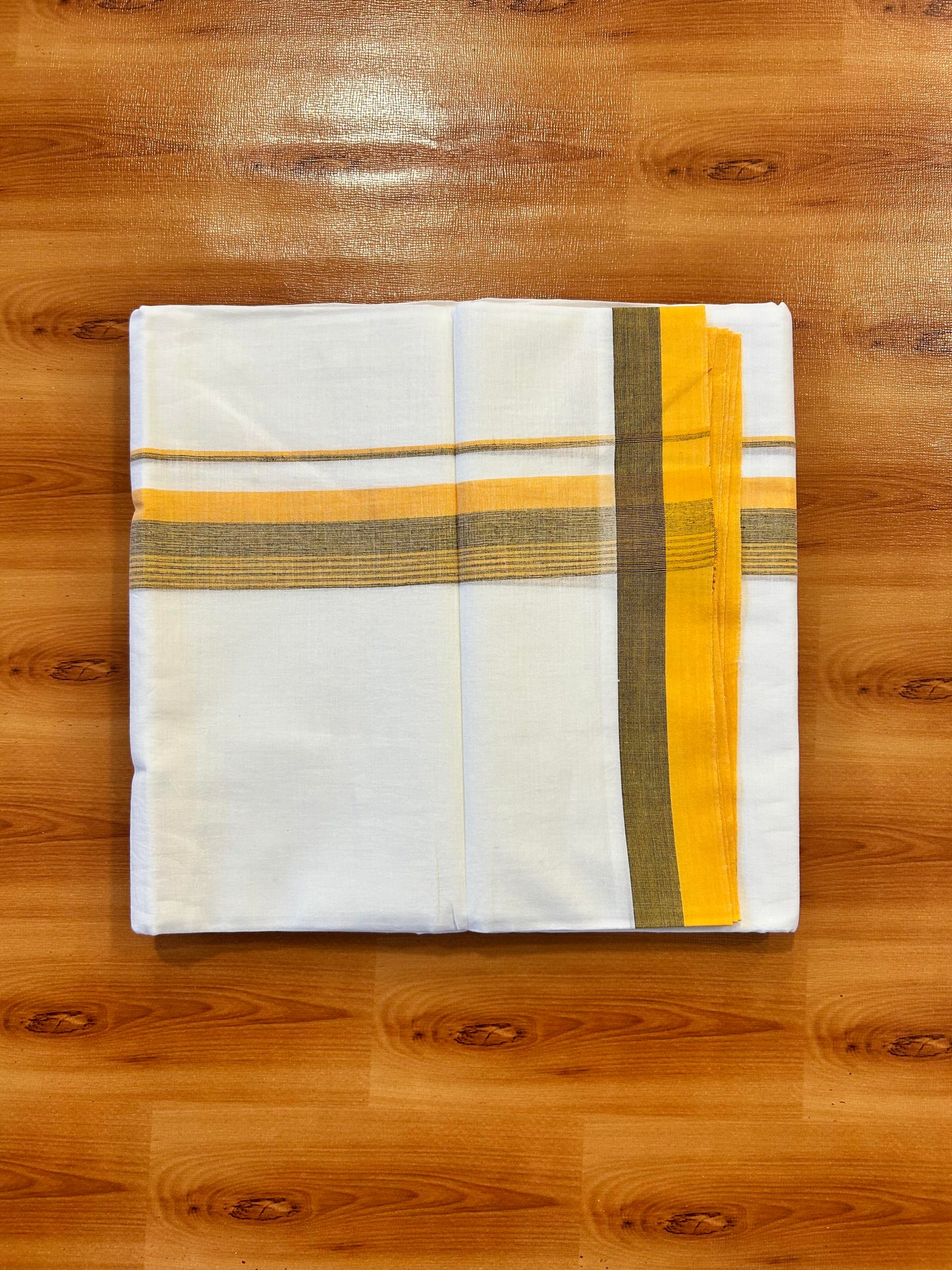 Double Pure White Mundu/Dhoti - 20% Discount ! Kaitharikada Balaramapuram 100% Cotton 100x80 - 1.5 Inch Orange Yellow & Navy Blue Shaded Striped Kara 3.90 mtr (8 muzham) - 1 KK5446 VAS