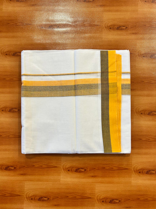 Double Pure White Mundu/Dhoti - 20% Discount ! Kaitharikada Balaramapuram 100% Cotton 100x80 - 1.5 Inch Orange Yellow & Navy Blue Shaded Striped Kara 3.90 mtr (8 muzham) - 1 KK5446 VAS