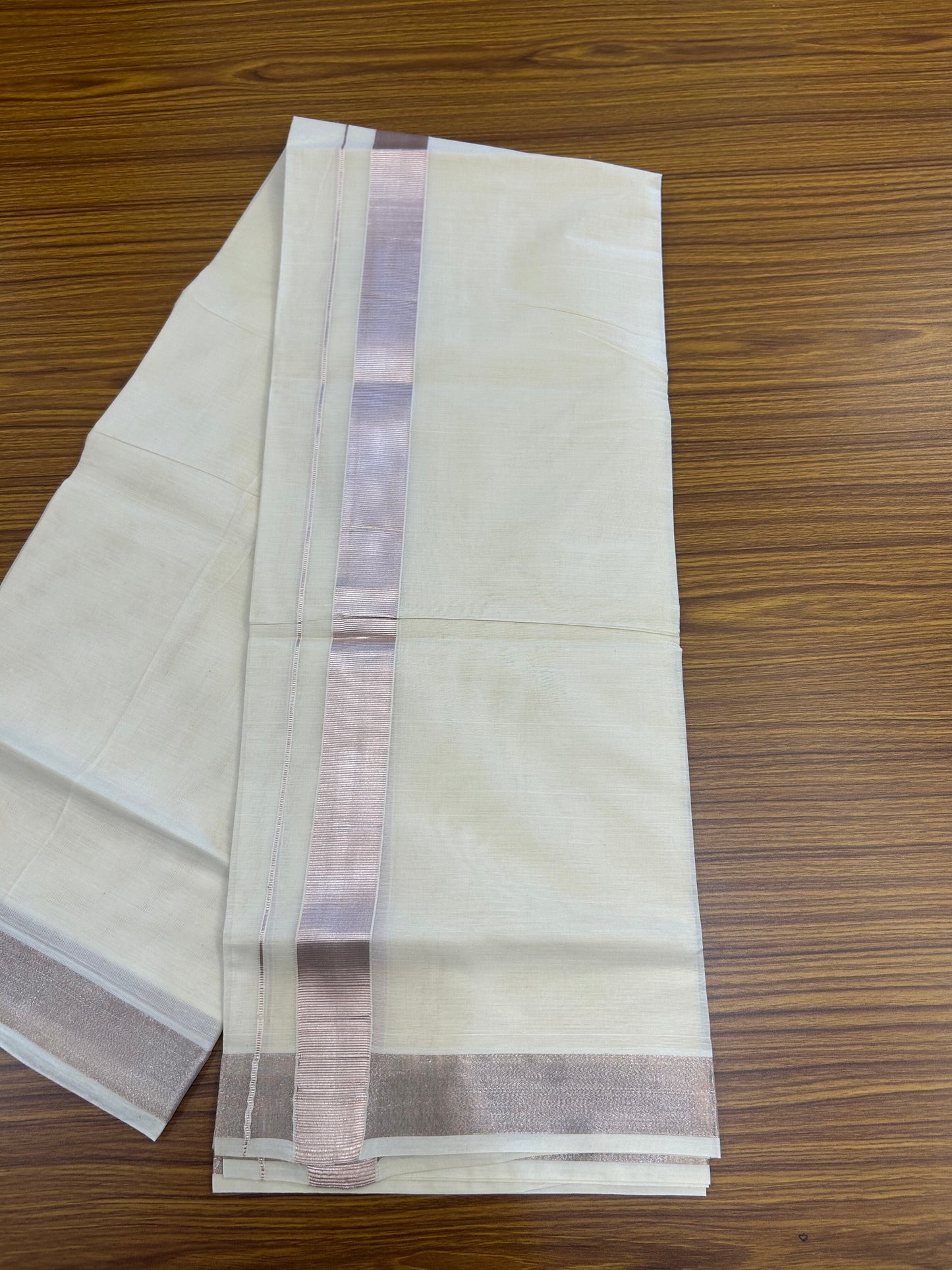 19% Discount! KaithariKada Balaramapuram Double Off White - (Unbleached) Mundu/Dhoti - Cotton mix - 60s - 1.75 inch Light Rose Pink kasavu Kara 4 mtr (8.5 Muzham) - 200 KK5361 PMC
