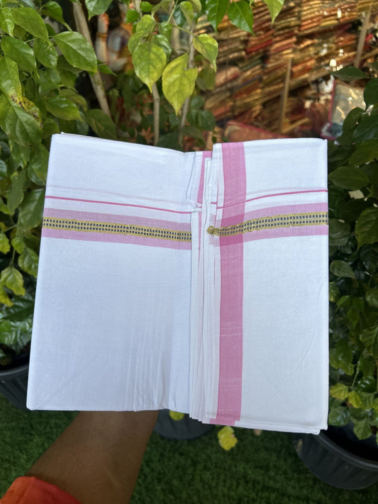25% Discount ! KaithariKada 100% Cotton Kerala Handloom Single Pure White Mundu/Dhoti - 1 inch Pink & Blue Kasav Striped Kara (2 meter / 4 muzham) - 10 KK5336 KAI