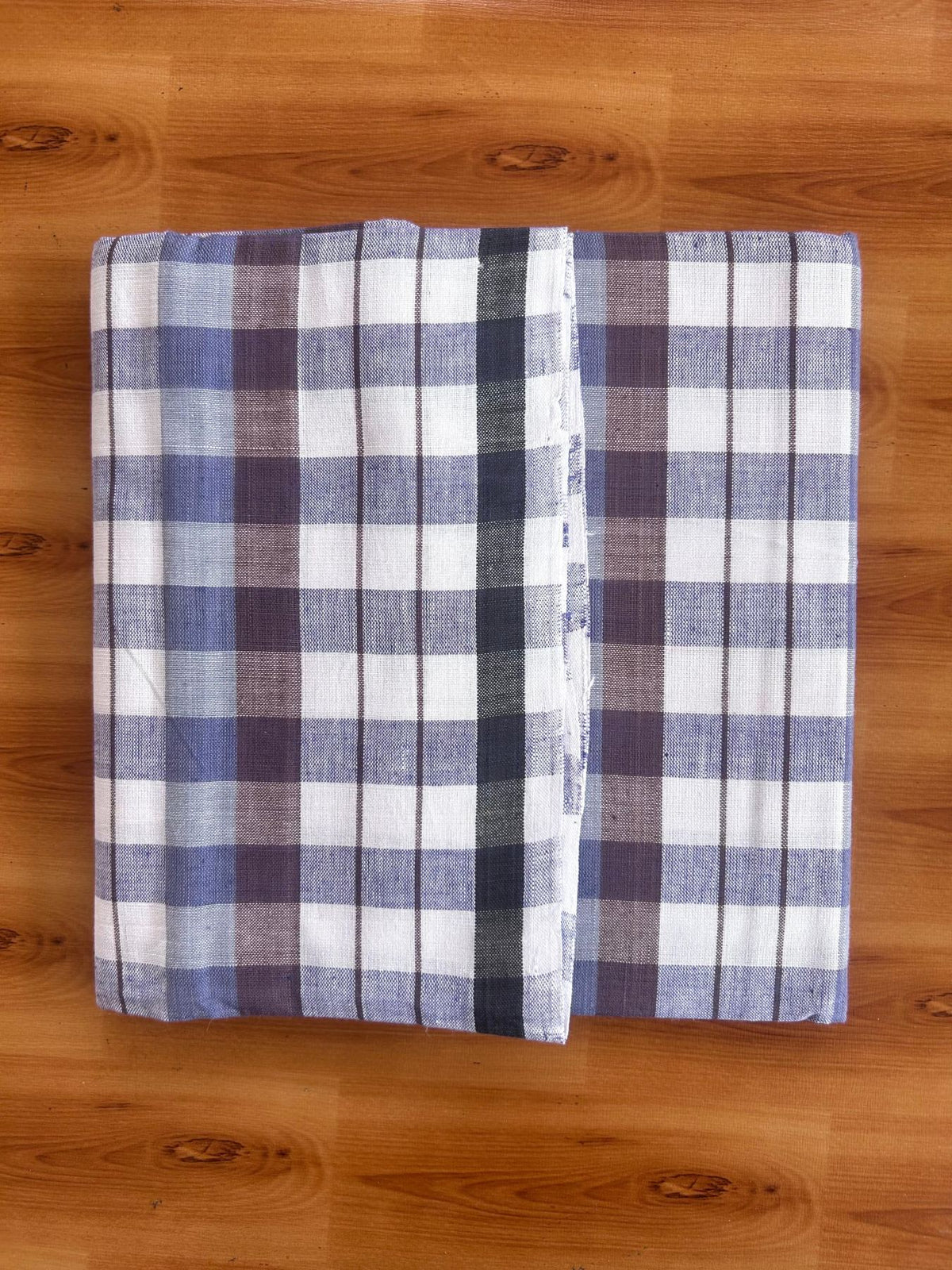 Kerala Handloom - Signature Kaitharikada - 100% Pure Cotton - 2/40sX26s Twisted Thread - Handloom Single Mundu/Dhoti - Lavender Blue White & Brown Check Body  - 2 mtr - 39 KK8080 KAL
