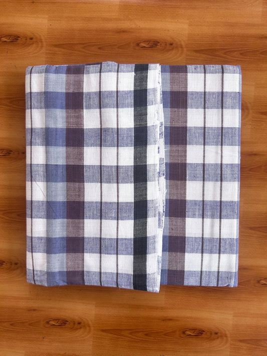 Kerala Handloom - Signature Kaitharikada - 100% Pure Cotton - 2/40sX26s Twisted Thread - Handloom Single Mundu/Dhoti - Lavender Blue White & Brown Check Body  - 2 mtr - 39 KK8080 KAL