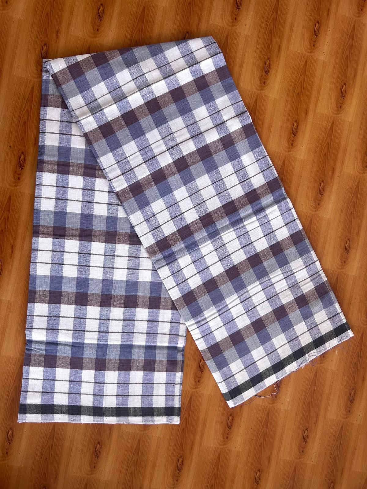 Kerala Handloom - Signature Kaitharikada - 100% Pure Cotton - 2/40sX26s Twisted Thread - Handloom Single Mundu/Dhoti - Lavender Blue White & Brown Check Body  - 2 mtr - 39 KK8080 KAL