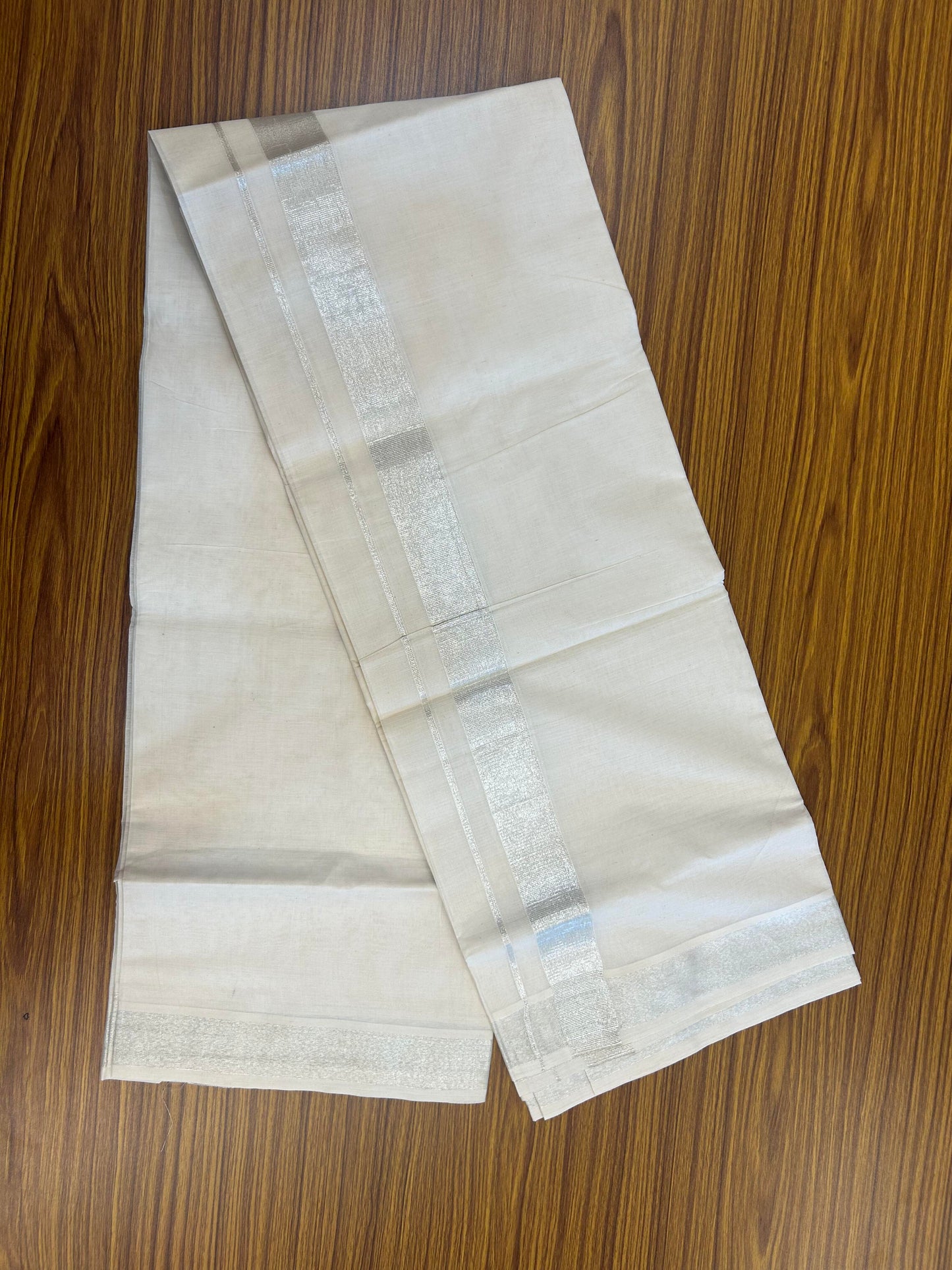 20% Discount! KaithariKada Balaramapuram Pure Cotton Double Off White Mundu/Dhoti - 100x80 - 1.5 Inch Silver Kasav Kara 4 mtr (8.5 Muzham) - 177 KK5361 PMC