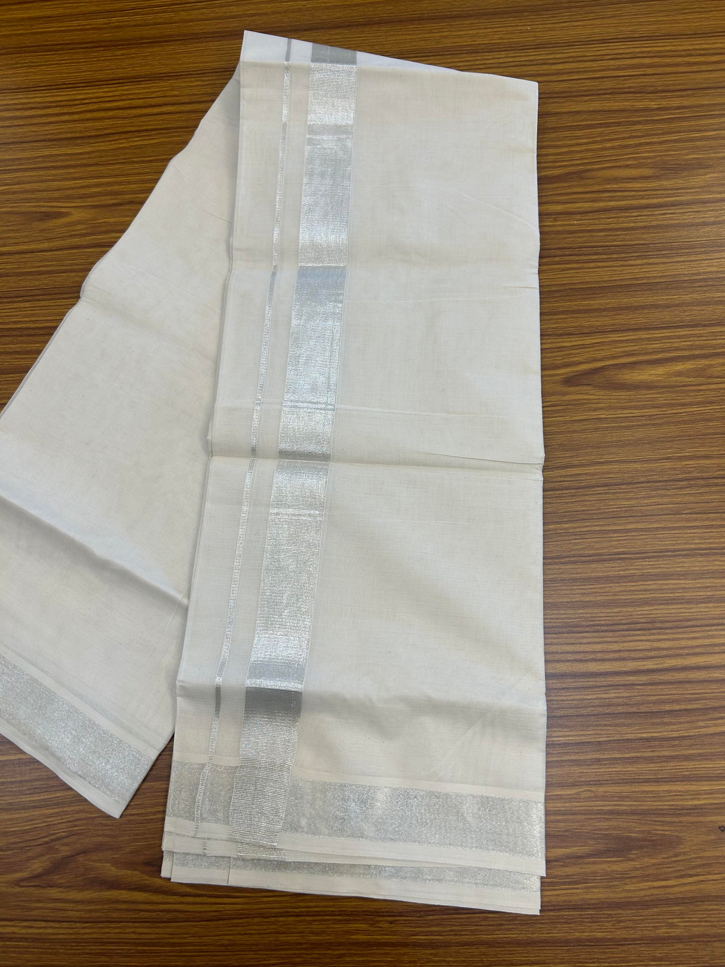 20% Discount! KaithariKada Balaramapuram Pure Cotton Double Off White Mundu/Dhoti - 100x80 - 1.5 Inch Silver Kasav Kara 4 mtr (8.5 Muzham) - 177 KK5361 PMC