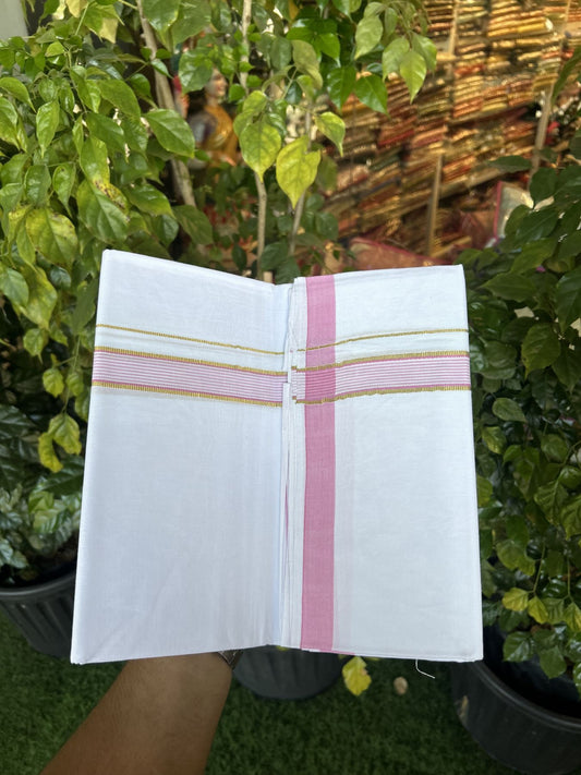 25% Discount ! KaithariKada 100% Cotton Kerala Handloom Single Pure White Mundu/Dhoti - 0.75 inch Pink & Kasav Striped Kara (2 meter / 4 muzham) - 15 KK5336 KAI