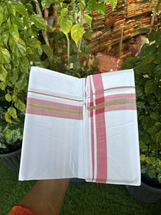 25% Discount ! KaithariKada 100% Cotton Kerala Handloom Single Pure White Mundu/Dhoti - 1.5 inch Light Red & Silver Kasav Striped Kara (2 meter / 4 muzham) - 14 KK5336 KAI