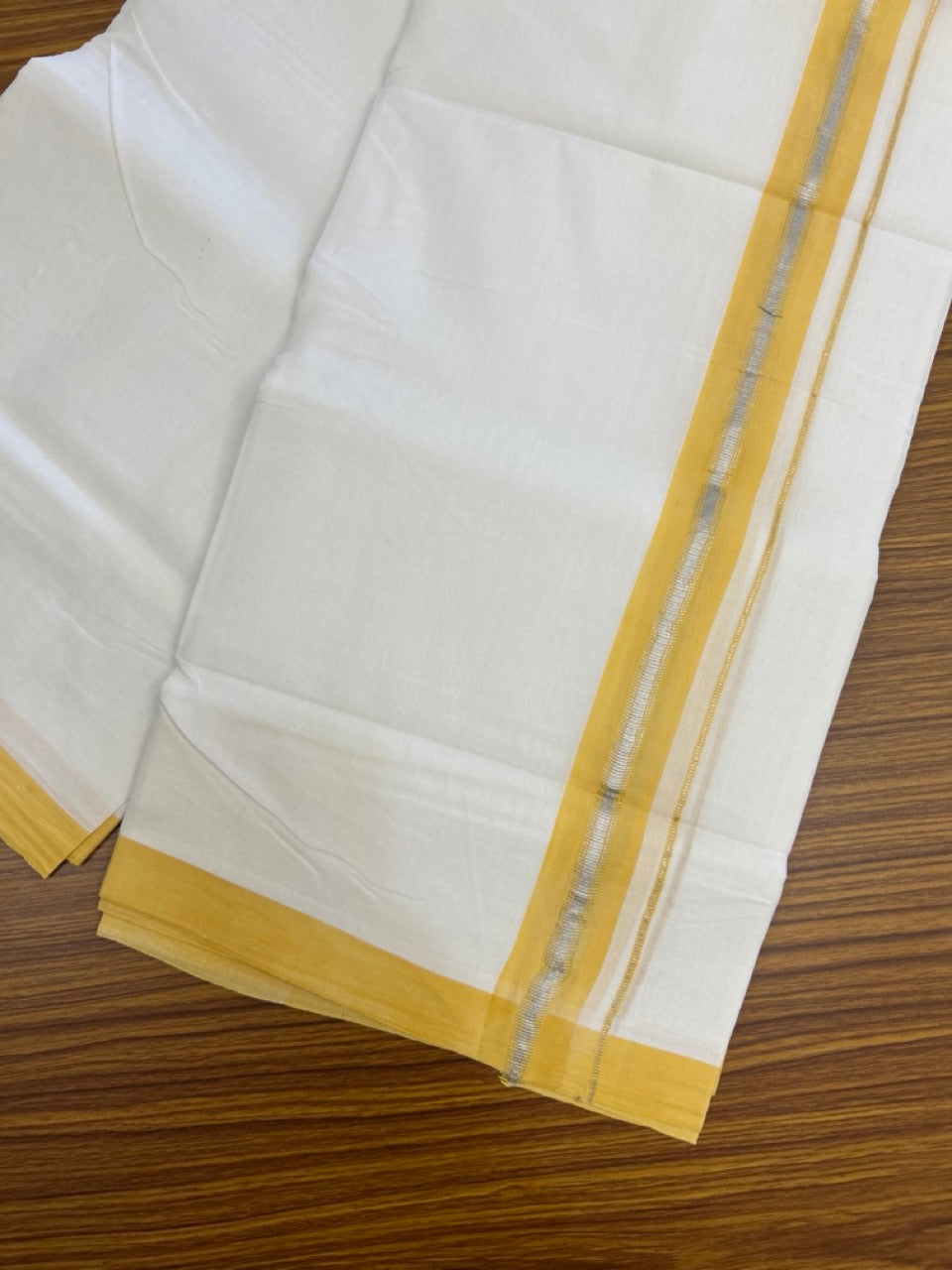 KaithariKada Handloom Millpaav Balaramapuram - 100% Pure Cotton Double Mundu/Dhoti Pure white - 80x90 - 1.25 inch Silver Kasav & Yellow Shaded Striped Kara 4 mtr (8.5 Muzham) - 33 KK5263 YAR