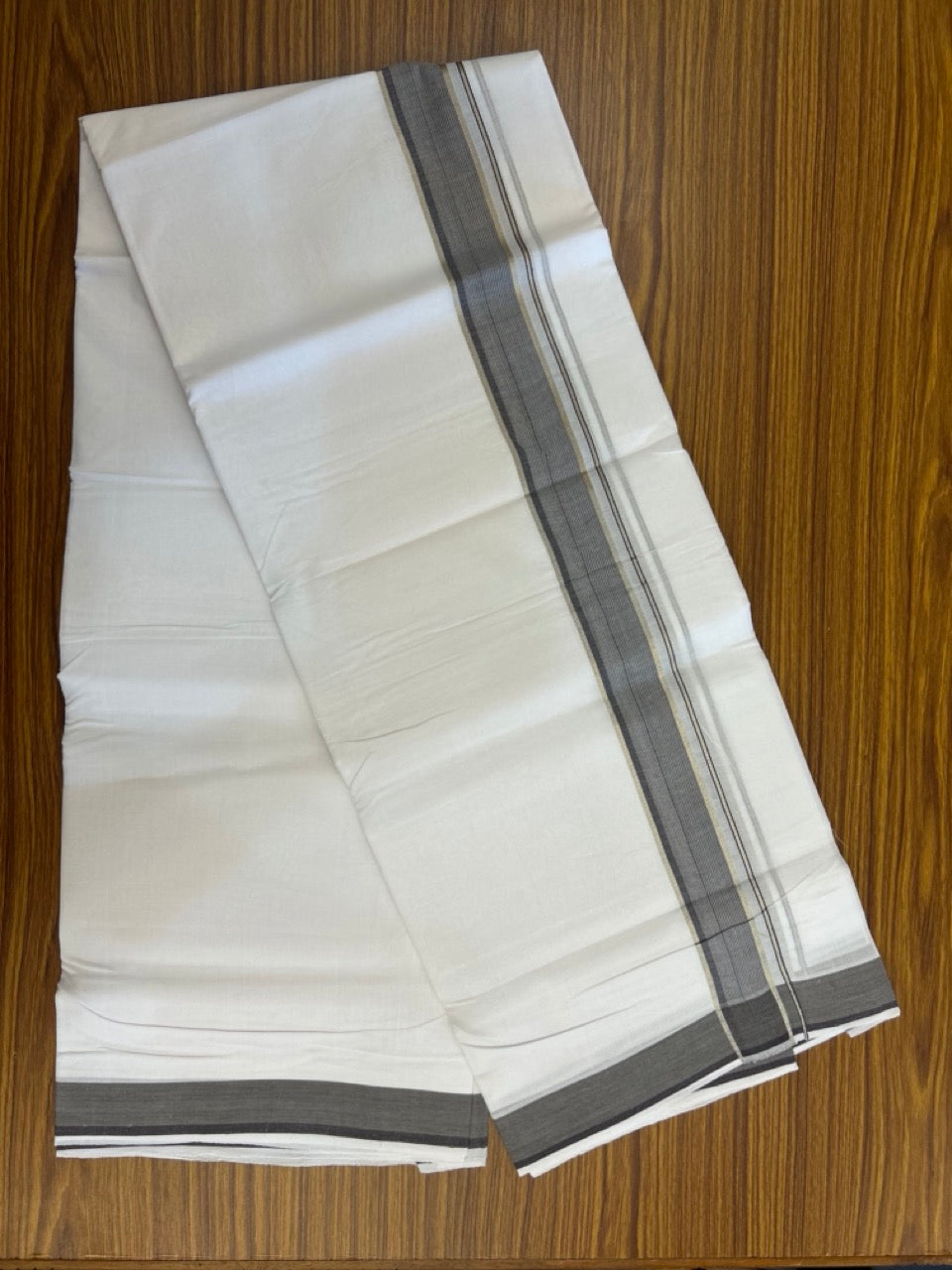 KaithariKada Handloom Millpaav Balaramapuram - 100% Pure Cotton Double Mundu/Dhoti Pure white - 80x90 - 1.5 inch Silver Kasav Ash & Brown Striped Kara 4 mtr (8.5 Muzham) - 34 KK5263 YAR