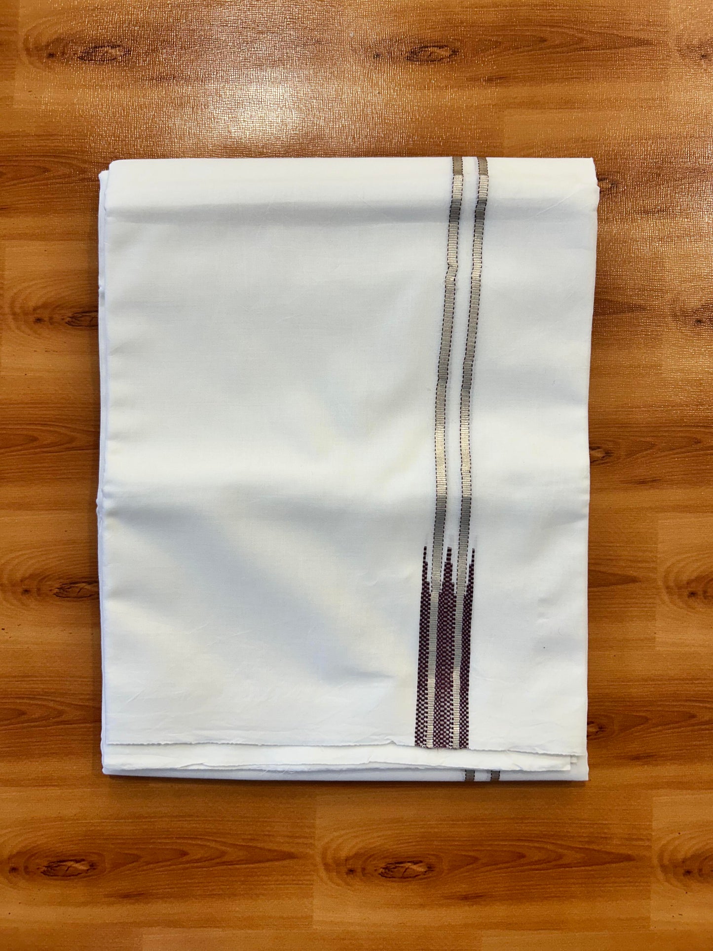 Double Pure White Mundu/ Dhoti - 20% Discount ! Kaitharikada Balaramapuram 100% Cotton 100x80 - 1 inch Silver Kasav & Wine Puliyilakkara Chutty Kara 3.90 mtr (8 muzham) - 13 KK5446 VAS