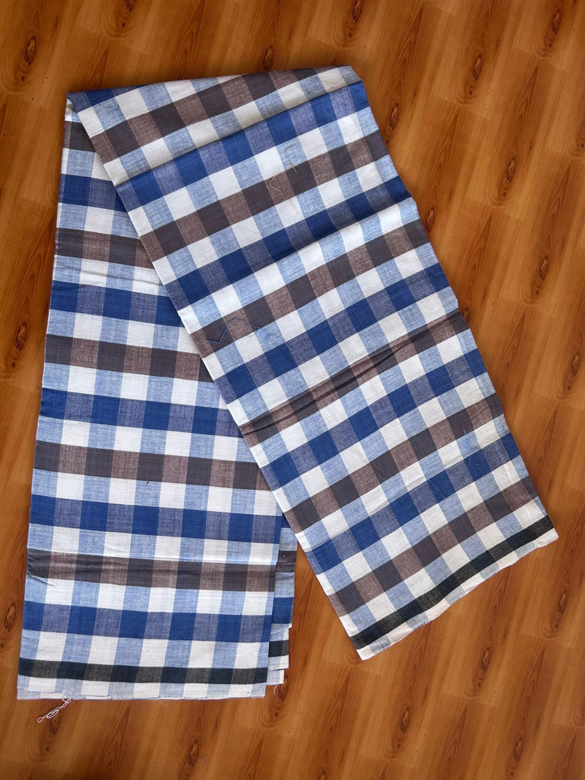 Kerala Handloom - Signature Kaitharikada - 100% Pure Cotton - 2/40sX26s Twisted Thread - Handloom Single Mundu/Dhoti - Blue White & Brown Check Body  - 2 mtr - 40 KK8080 KAL