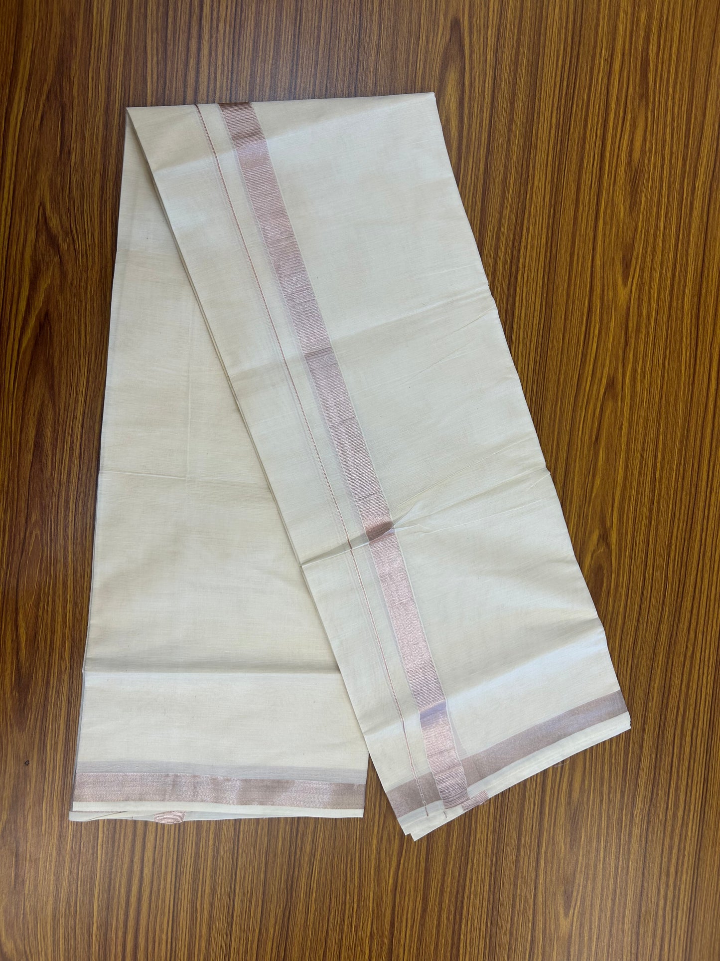 19% Discount! KaithariKada Balaramapuram Double Off White - (Unbleached) Mundu/Dhoti - Cotton mix - 60s - 1 inch Light Rose Pink kasavu Kara 4 mtr (8.5 Muzham) -199 KK5361 PMC