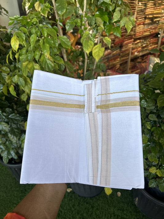 25% Discount ! KaithariKada 100% Cotton Kerala Handloom Single Pure White Mundu/Dhoti - 1.25 inch Light Brown Kasav Kara & Striped Kara (2 meter / 4 muzham) - 8 KK5336 KAI