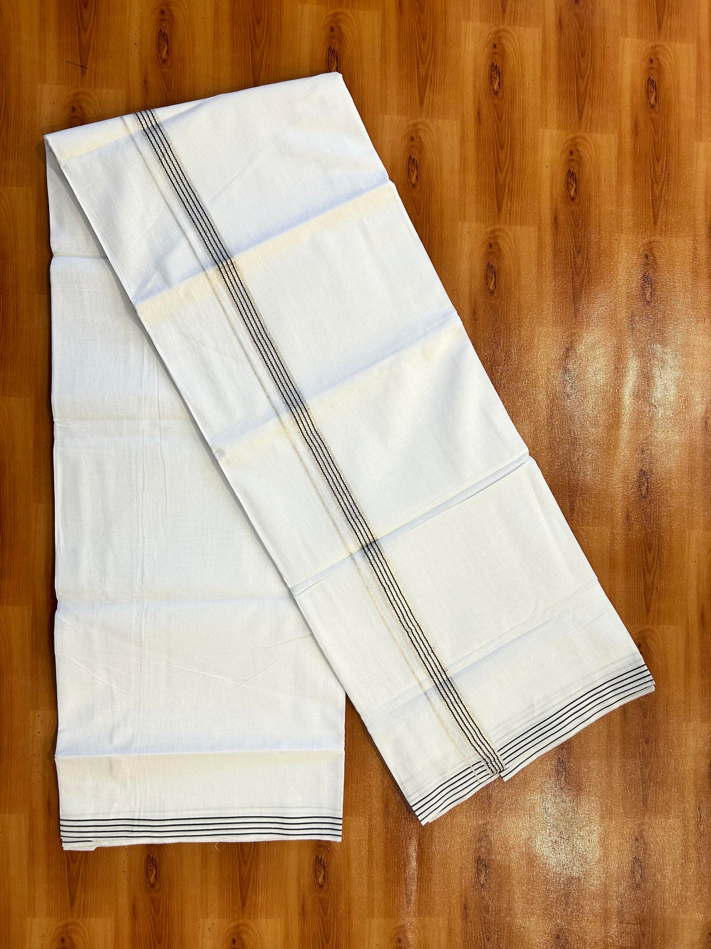 Double Pure White Mundu/Dhoti - 20% Discount ! Kaitharikada Balaramapuram 100% Cotton 100x80 - 0.75 Inch Silver Kasav & Black Striped Kara 3.90 mtr (8 muzham) - 2 KK5446 VAS