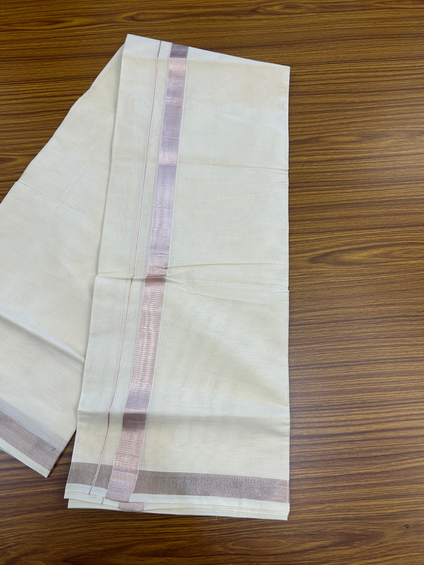 19% Discount! KaithariKada Balaramapuram Double Off White - (Unbleached) Mundu/Dhoti - Cotton mix - 60s - 1 inch Light Rose Pink kasavu Kara 4 mtr (8.5 Muzham) -199 KK5361 PMC