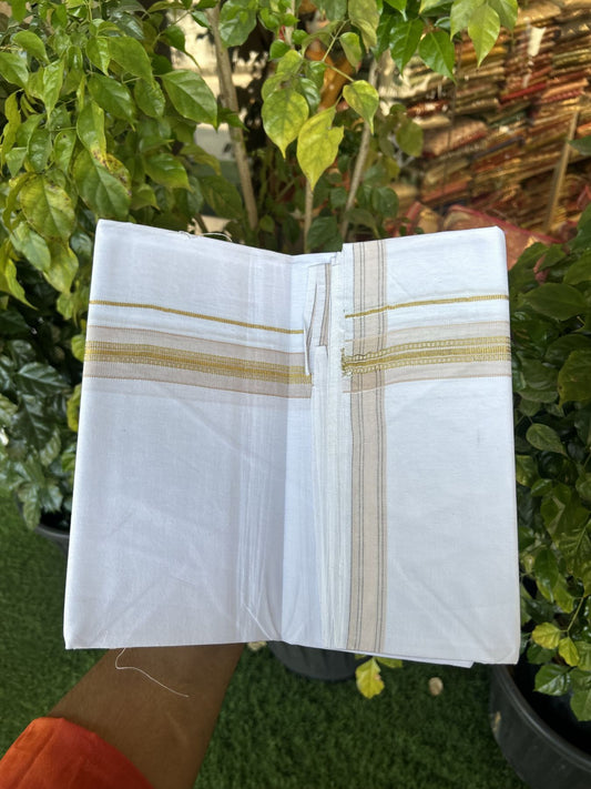 25% Discount ! KaithariKada 100% Cotton Kerala Handloom Single Pure White Mundu/Dhoti - 1.25 inch Light Brown Kasav Kara & Striped Kara (2 meter / 4 muzham) - 7 KK5336 KAI