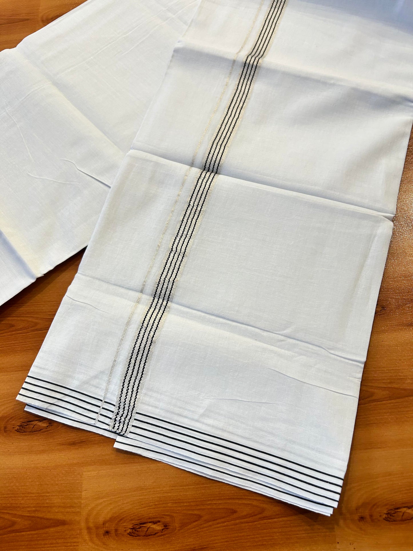 Double Pure White Mundu/Dhoti - 20% Discount ! Kaitharikada Balaramapuram 100% Cotton 100x80 - 0.75 Inch Silver Kasav & Black Striped Kara 3.90 mtr (8 muzham) - 2 KK5446 VAS