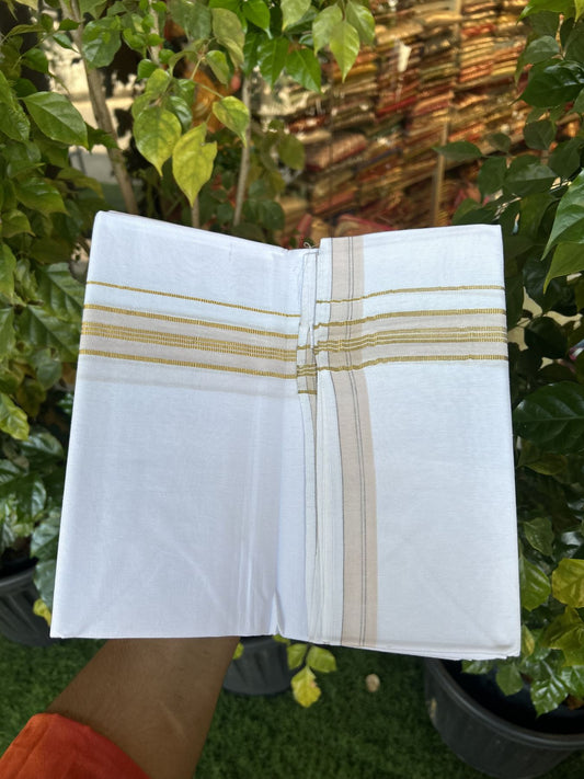 25% Discount ! KaithariKada 100% Cotton Kerala Handloom Single Pure White Mundu/Dhoti - 1 inch Light Brown Kasav Kara & Striped Kara (2 meter / 4 muzham) - 6 KK5336 KAI