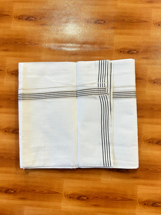 Double Pure White Mundu/Dhoti - 20% Discount ! Kaitharikada Balaramapuram 100% Cotton 100x80 - 0.75 Inch Silver Kasav & Black Striped Kara 3.90 mtr (8 muzham) - 2 KK5446 VAS