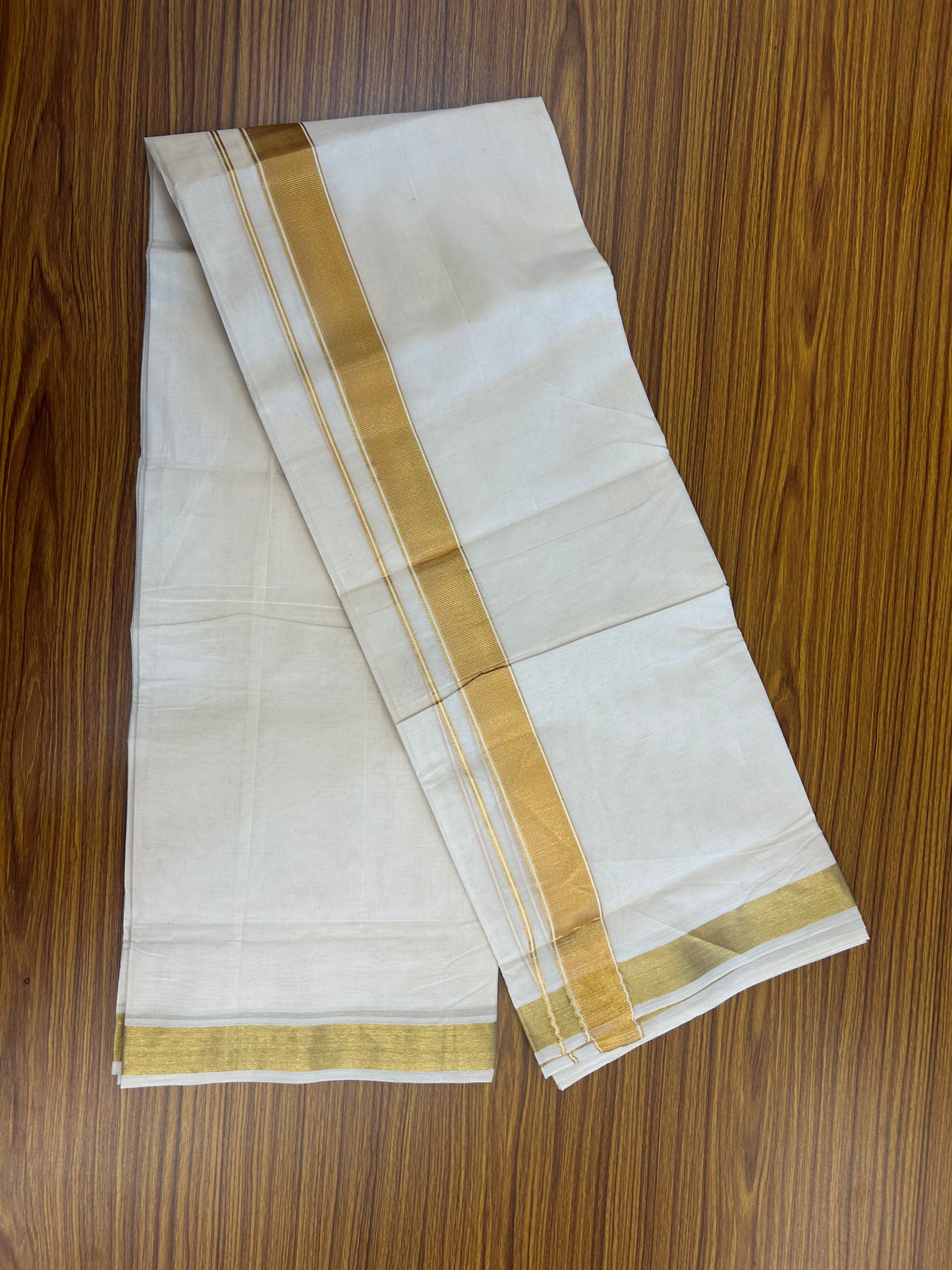20% Discount! Kaitharikada Balaramapuram 100% Cotton Off White Double Mundu/Dothi  - 100x80 - 1.5 Inch Gold Kasav striped Kara 4 mtr (8.5 muzham)  - 198 KK5361 PMC