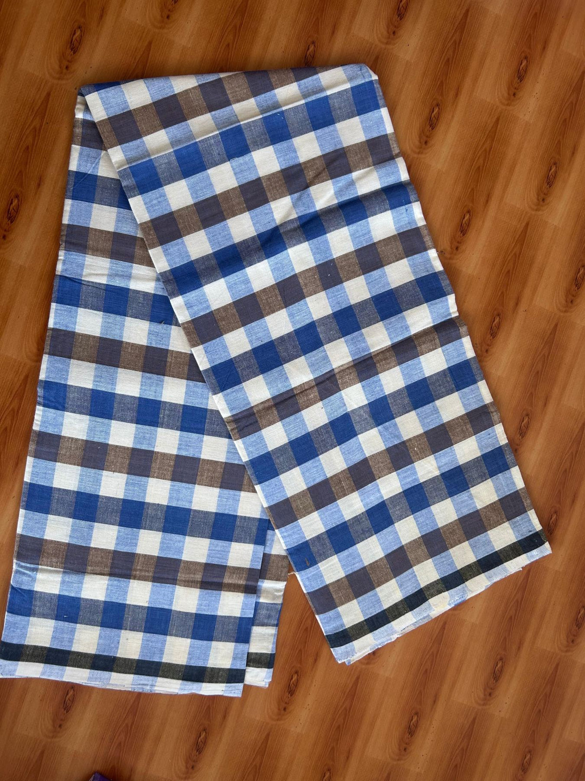 Kerala Handloom - Signature Kaitharikada - 100% Pure Cotton - 2/40sX26s Twisted Thread - Handloom Single Mundu/Dhoti - Blue Light Yellow & Brown Check Body  - 2 mtr - 41 KK8080 KAL