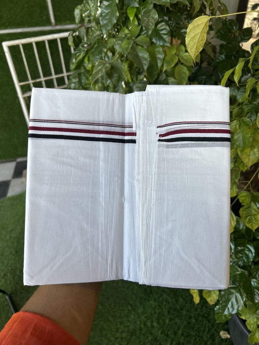 Admk Veshti - 20% Discount! KaithariKada 100% Cotton Pure white Double Mundu/Dhoti - 100X100 - 0.5 inch Black White & Maroon kara - 29 KK5336 ASH