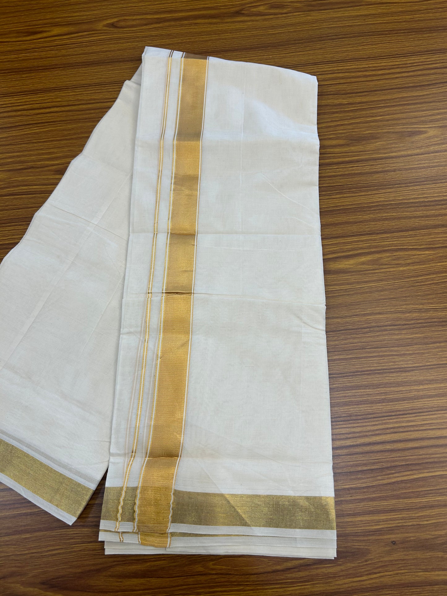 20% Discount! Kaitharikada Balaramapuram 100% Cotton Off White Double Mundu/Dothi  - 100x80 - 1.5 Inch Gold Kasav striped Kara 4 mtr (8.5 muzham)  - 198 KK5361 PMC
